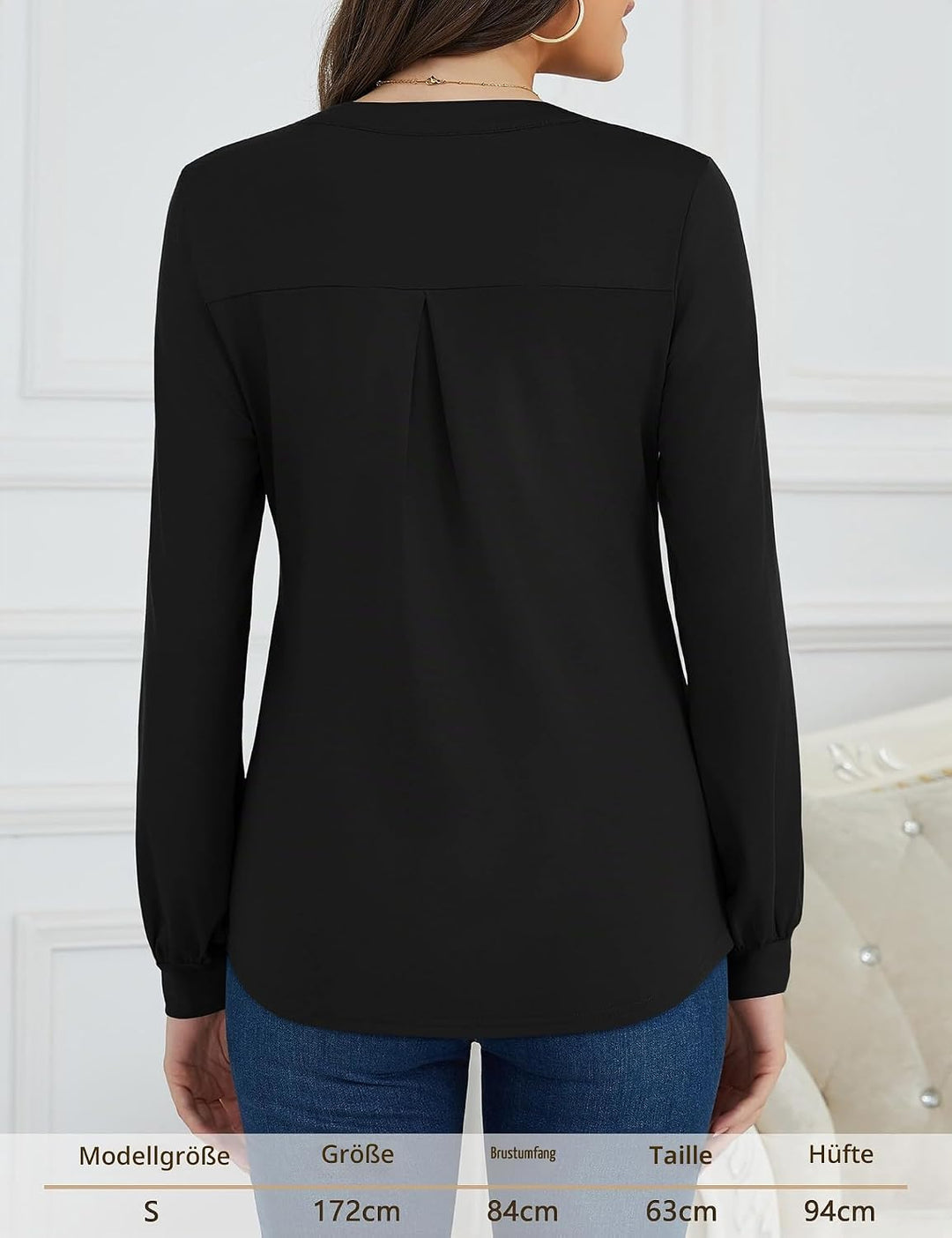 Beluring Langarmshirt Damen Elegant V Ausschnitt Tunika Bluse Einfarbig T-Shirt, S Schwarz