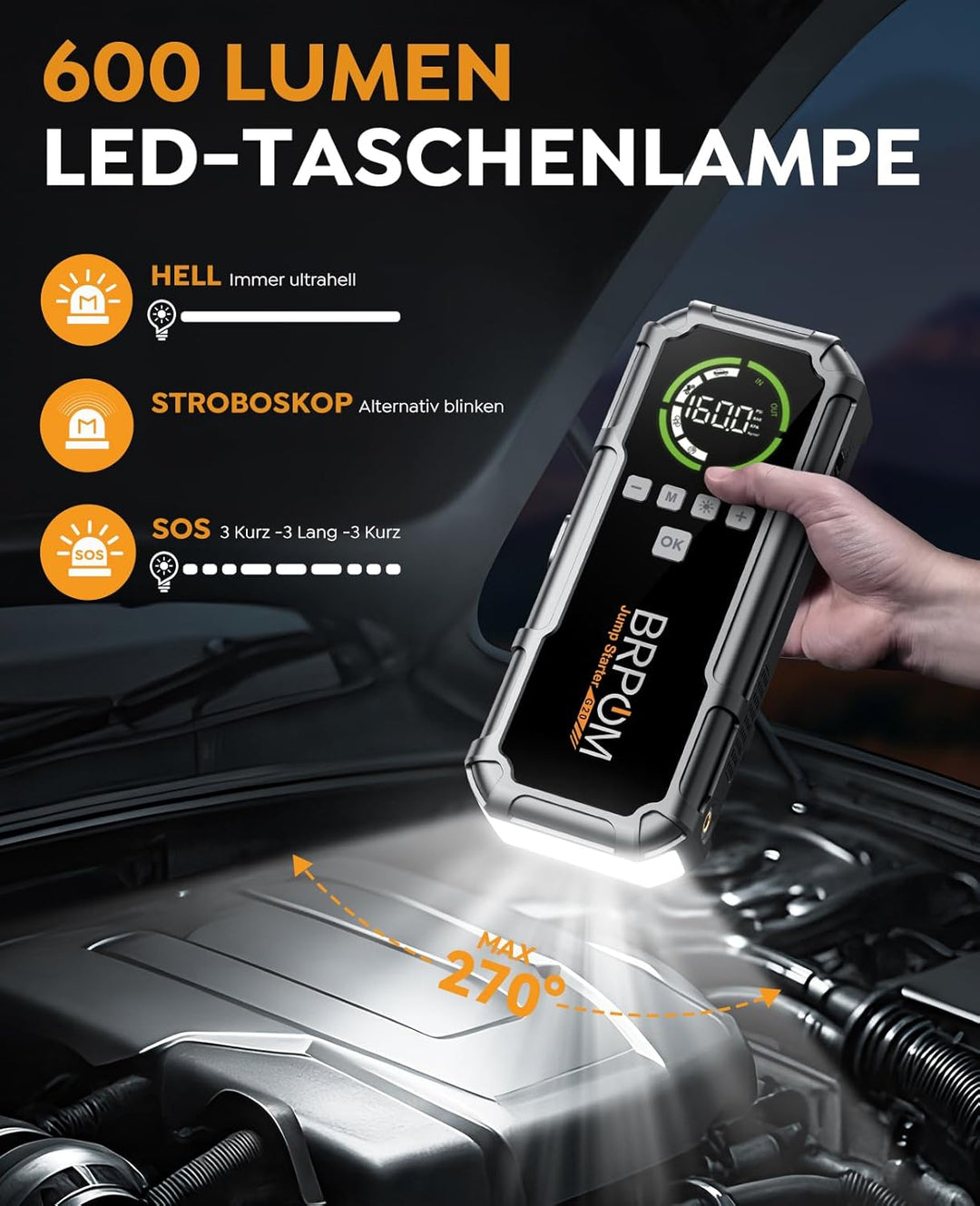 BRPOM Starthilfe Powerbank 8000A, Auto Starthilfe mit Kompressor 160PSI, 26800mAh Batteriestarter fü
