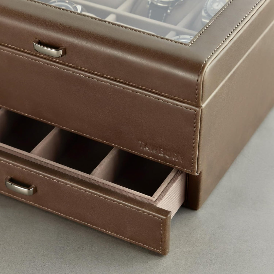 TAWBURY 8-Fach-Uhrenbox mit Aufbewahrungsschublade – Premium-Uhrenaufbewahrungsbox für Herren (Taupe