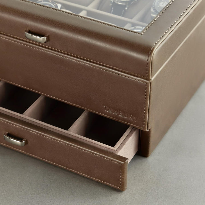 TAWBURY 8-Fach-Uhrenbox mit Aufbewahrungsschublade – Premium-Uhrenaufbewahrungsbox für Herren (Taupe