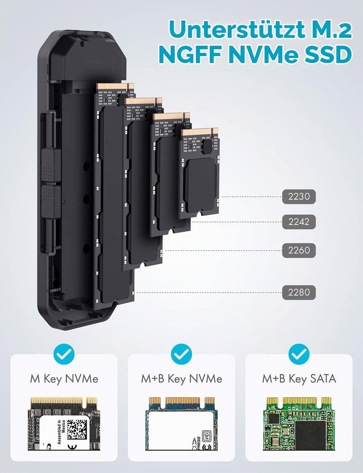 GRAUGEAR | M.2 NVMe &amp; NGFF SSD-Gehäuse | RTL9210B für alle M.2 Länge 2280, 2260, 2242, 2230 | USB 3.