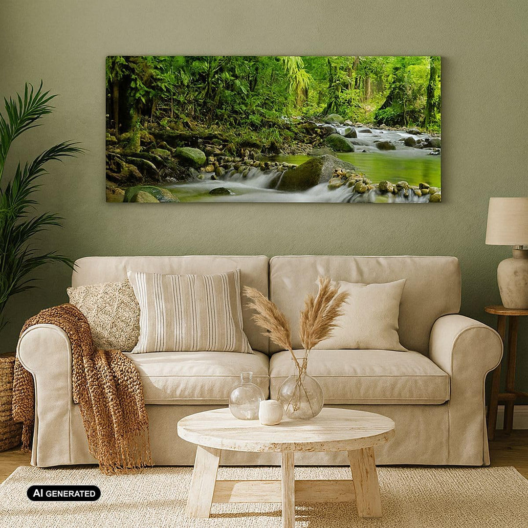 Wandbilder Dekoration Wohnzimmer Stream Wald Natur Panorama Bilder auf Leinwand 120x50cm Leinwandbil