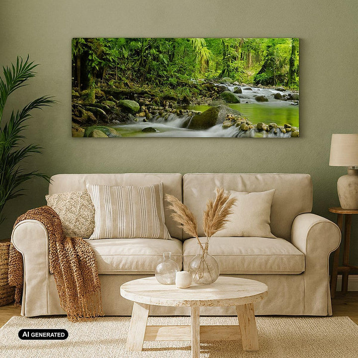 Wandbilder Dekoration Wohnzimmer Stream Wald Natur Panorama Bilder auf Leinwand 120x50cm Leinwandbil