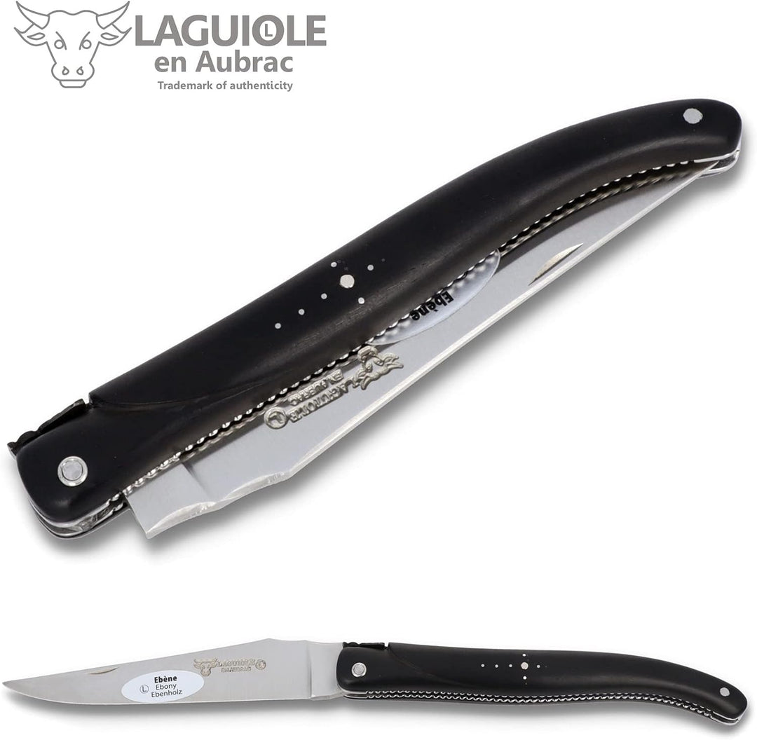 Laguiole en Aubrac Taschenmesser 'Perle' - 12 cm - Voller Griff Ebenholz - Verzierte Platinen - Stah
