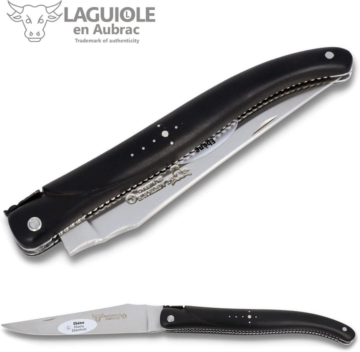 Laguiole en Aubrac Taschenmesser 'Perle' - 12 cm - Voller Griff Ebenholz - Verzierte Platinen - Stah