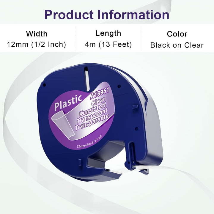 Aken Schriftband Kompatibel mit Dymo LetraTag XR Etikettenband Transparent 12mm x 4m, Clear Plastic