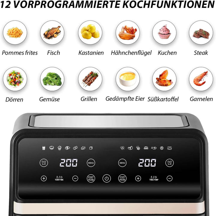 Heissluftfritteuse 2 kammern mit Sichtfenster, 8L Airfryer, 2 Fächer, 12-in-1, Touchscreen, Spülmasc