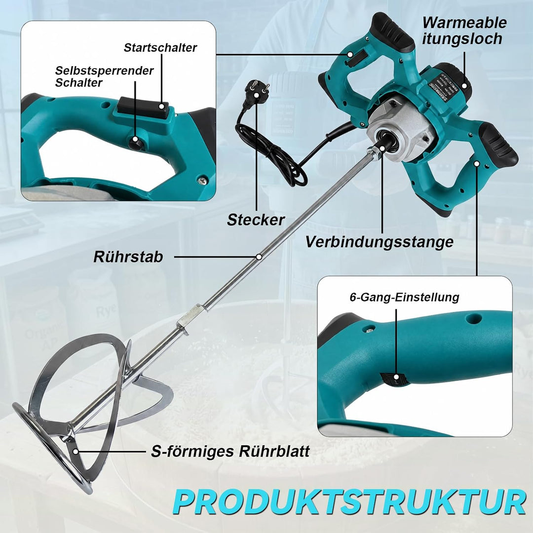 Mörtelrührer, 2400W Rührwerk mit 6-Gang-Getriebe, 1200r/min Quirl Mörtelrührer, Bürstenloser Reiner