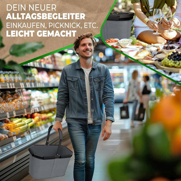 30l stabiler Einkaufskorb gross | Tragekorb mit Henkel und verstärktem Boden, Frontfach und Innentas