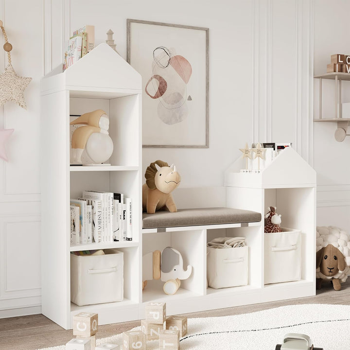 Spielzeugregal Kinderregal Mit Sitzbank, Bücherregal Kinder Und Spielzeugregal 2-in-1 Bücherschrank
