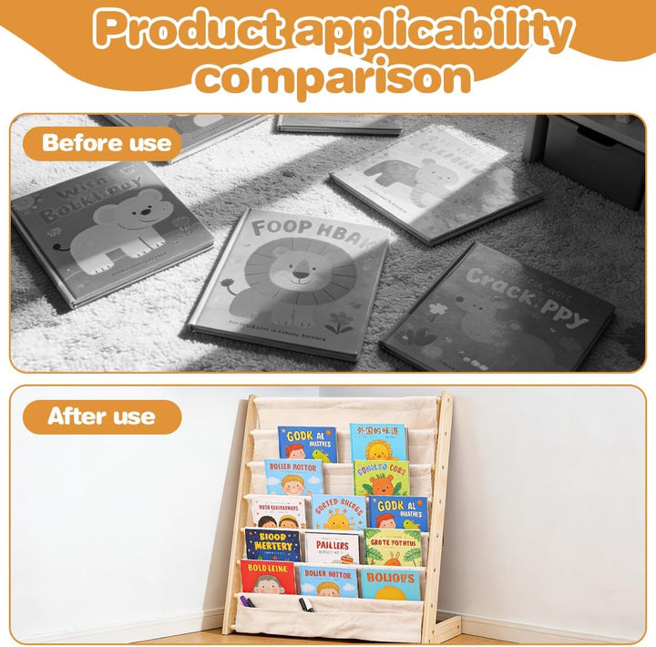 Kinder Bücherregal, 75x 30 x 79 cm Montessori Bücherregal mit 6 Ebenen und Stofffächern, Offenes Kin