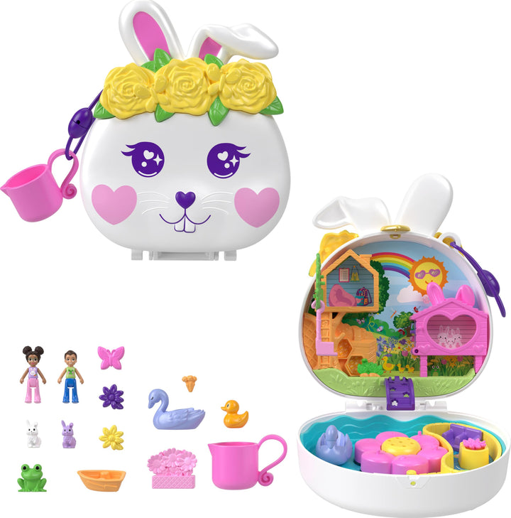Polly Pocket Blumen-Häschen Schatulle - Spielset mit Wasserspass und Farbwechseleffekt, 2 Puppen, 12