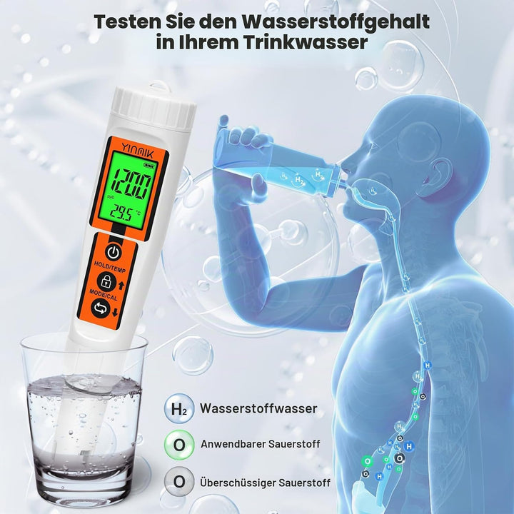 Wasserstoff Wassertester, YINMIK Wasserstoff Wasserflasche, Digitales 4 in 1 pH ORP Messgerät und Wa