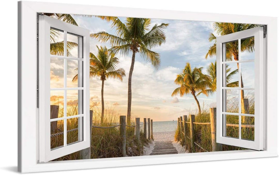 PICANOVA – Bild auf Leinwand Palmenweg zum Meer Fenster 100x50cm – Leinwandbild – Premium Leinwanddr