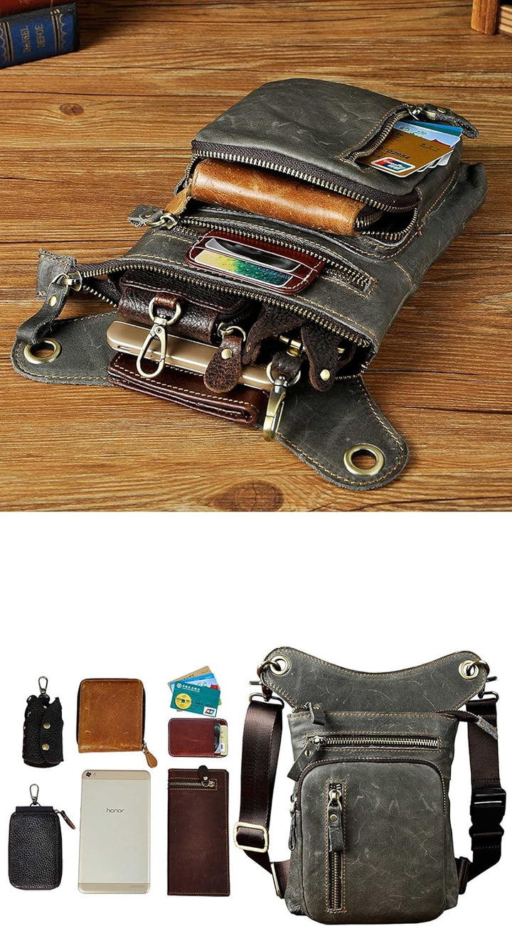 Le'aokuu Herren Leder Motorrad Hüfttasche Messenger Schulter Drop Leg Bag 211-11 2 Grau, 211-11 2 Gr