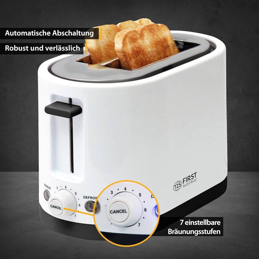 TZS First Austria Doppel Kurzschlitz Toaster, 2 Scheiben, weiss, 750W, 7 Stufen, Warmhalte- und Auft