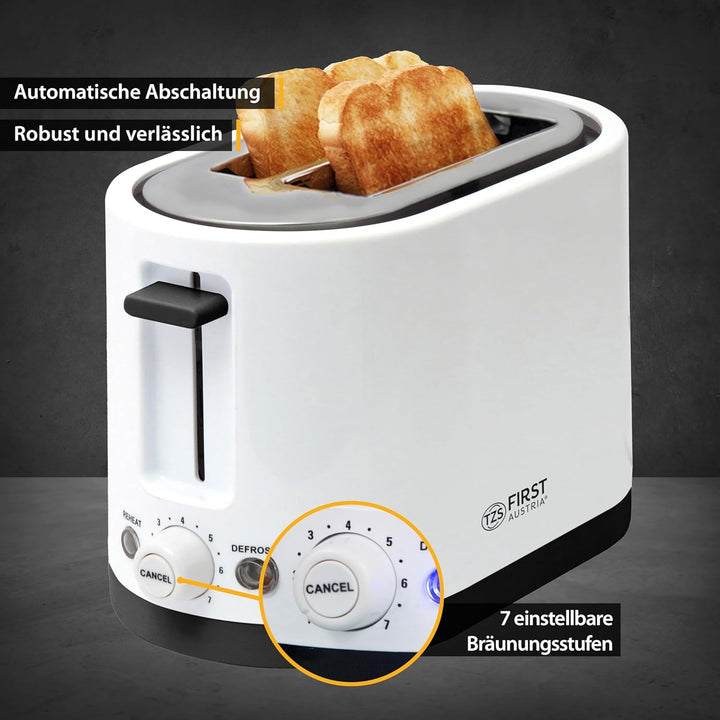 TZS First Austria Doppel Kurzschlitz Toaster, 2 Scheiben, weiss, 750W, 7 Stufen, Warmhalte- und Auft