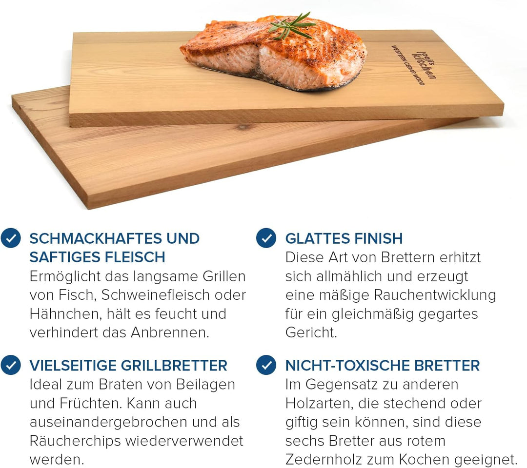Joejis Zedernholzbrett zum Grillen Set aus 6 (30 x 15cm) Grillbrett aus Zedernholz zum Grillen Lachs