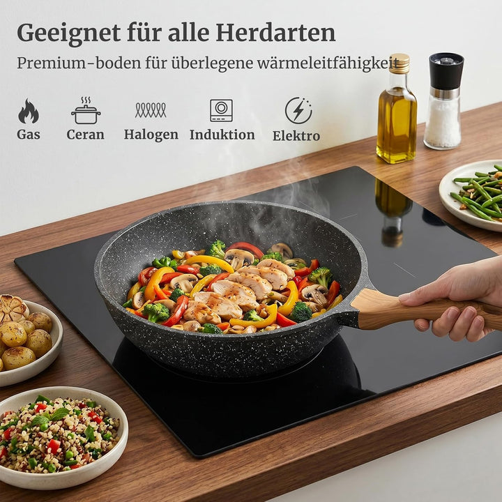 YASHE Schmorpfanne 24 cm, 3,3 L, Induktion, ungiftig, PTFE- und PFAS-frei | PFOA-frei Aluminiumguss