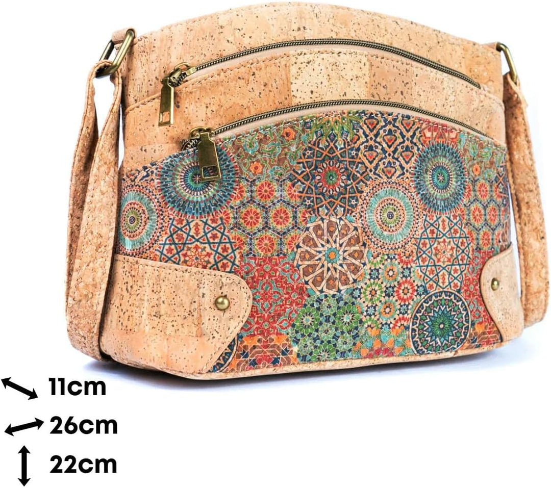 DeCarbonize Crossbody Handtasche aus Kork Veganleder Nachhaltig Damen Umhängetasche 3-Zip Blümchen W