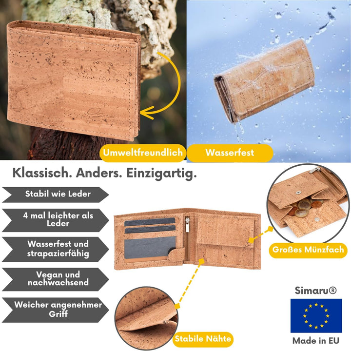 Simaru Kork Geldbörse mit RFID-Schutz, Unisex Geldbeutel für 11+Karten, Scheine & Münzen, Mini Walle