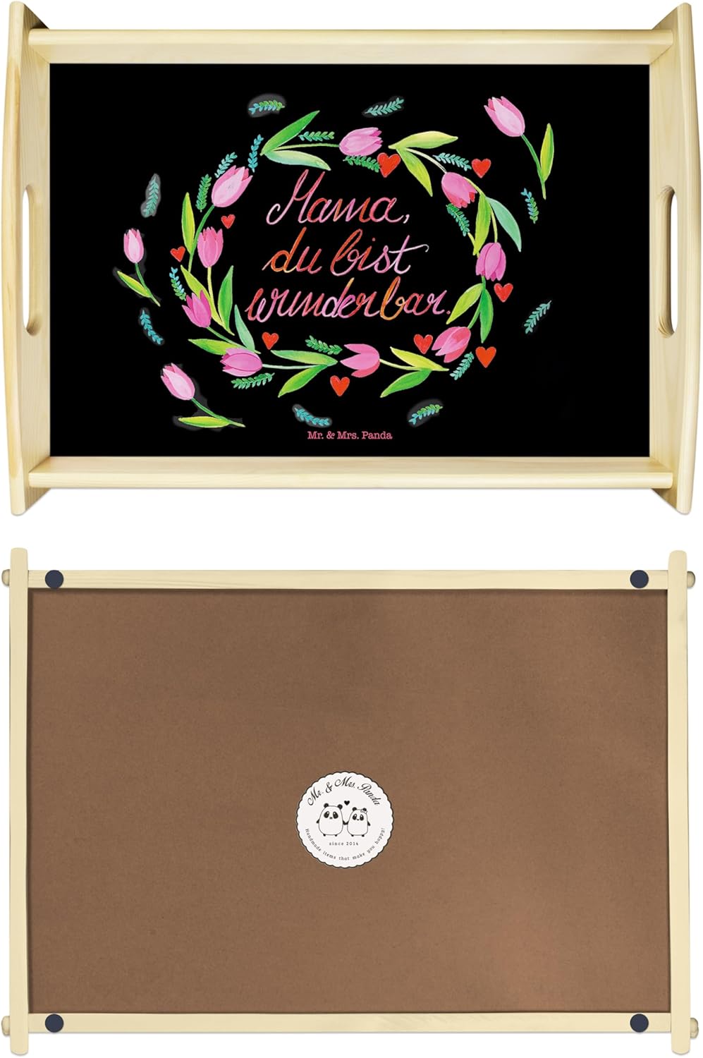 Mr. & Mrs. Panda Servier Tablett Mama Tulpen - Geschenk, Mutter, serviertablett Holz, Dekoration, Be