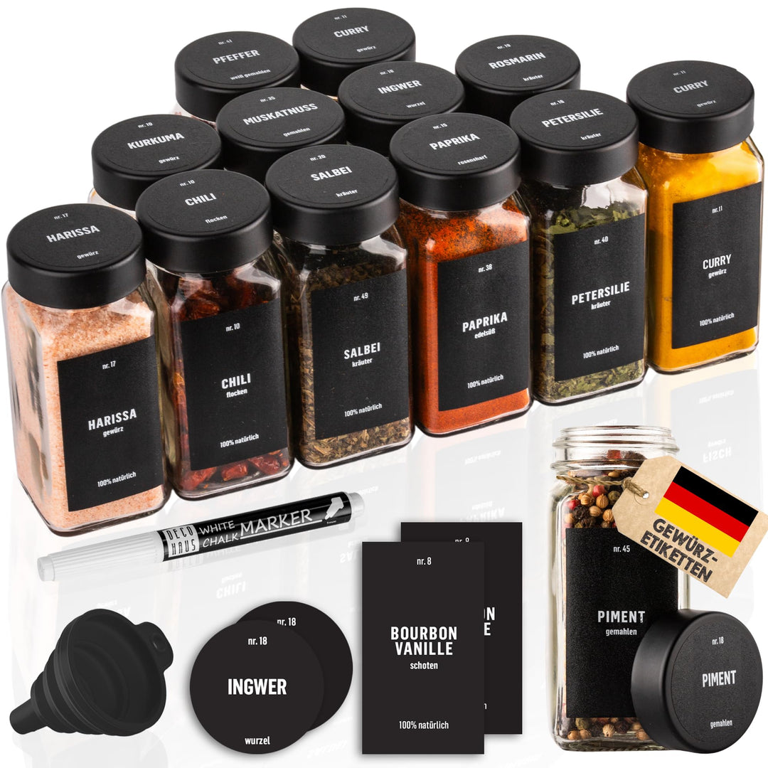 Deco haus® Gewürzgläser eckig luftdicht 12er Set [inkl. Etiketten & Streueinsatz] - Gewürzdosen Set