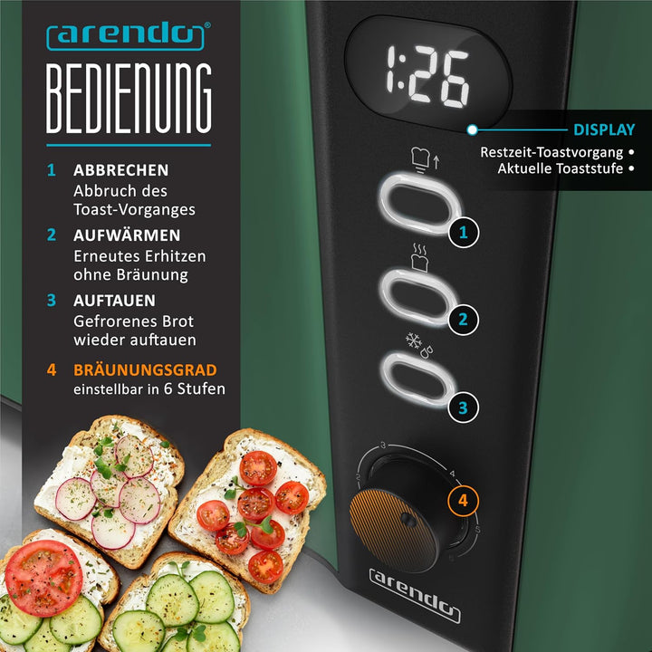 Arendo - Edelstahl Toaster Langschlitz 4 Scheiben - Defrost Funktion - wärmeisolierendes Gehäuse - m