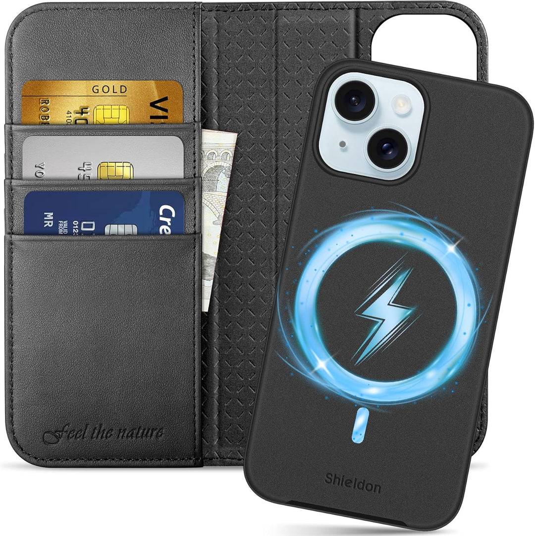 SHIELDON Hülle für iPhone 15, Echtleder Handyhülle [Abnehmbar] [kabelloses Laden] [Kartenfach] [Stän