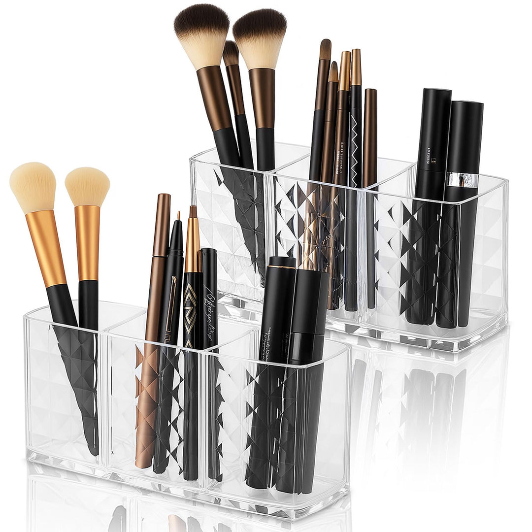 Kosmetik Organizer, 2-Pack Acrylic Pinselhalter, 3 Fächern Kristall Makeup Pinsel Halter, Klarer Sch