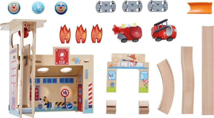 HABA 304847 - Kullerbü – Spielbahn Feuerwehrwache, Holzkugelbahn mit vielen Spieleffekten, Feuerwehr