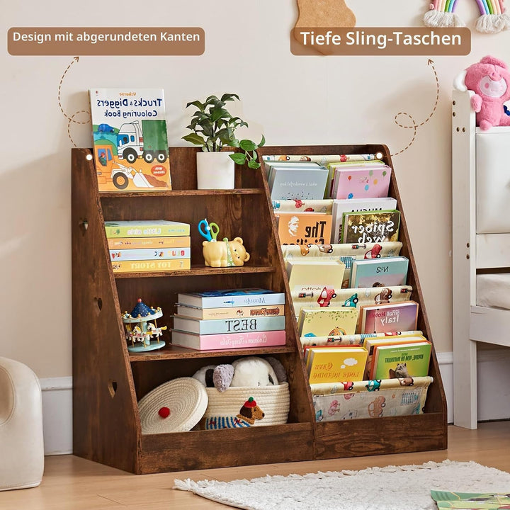 Kinder Bücherregal mit 5 Bücherdisplays und 4 Ablagefächer, Gross Braun Kinderregal Büchergestell fü