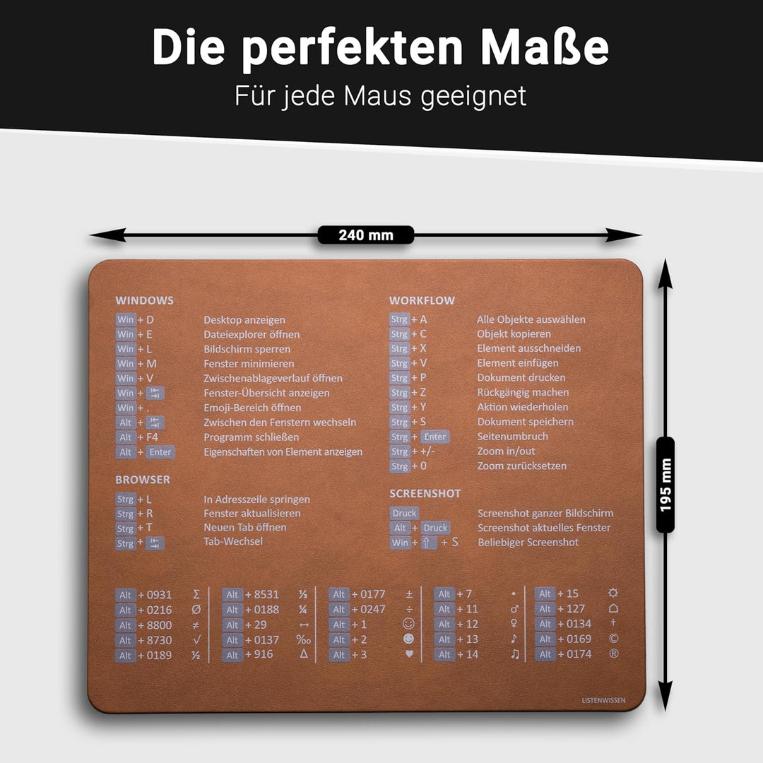 Mauspad mit Shortcuts (echtes Leder, recycelt) – antirutsch & deutsch für Windows I nachhaltig I Tas