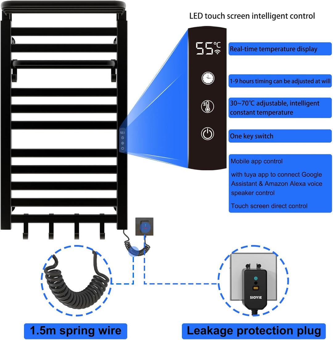 Elektrischer Handtuchhalter, WiFi Smart Thermostat Schwarz Handtuchwärmer, für Alexa und Google Home
