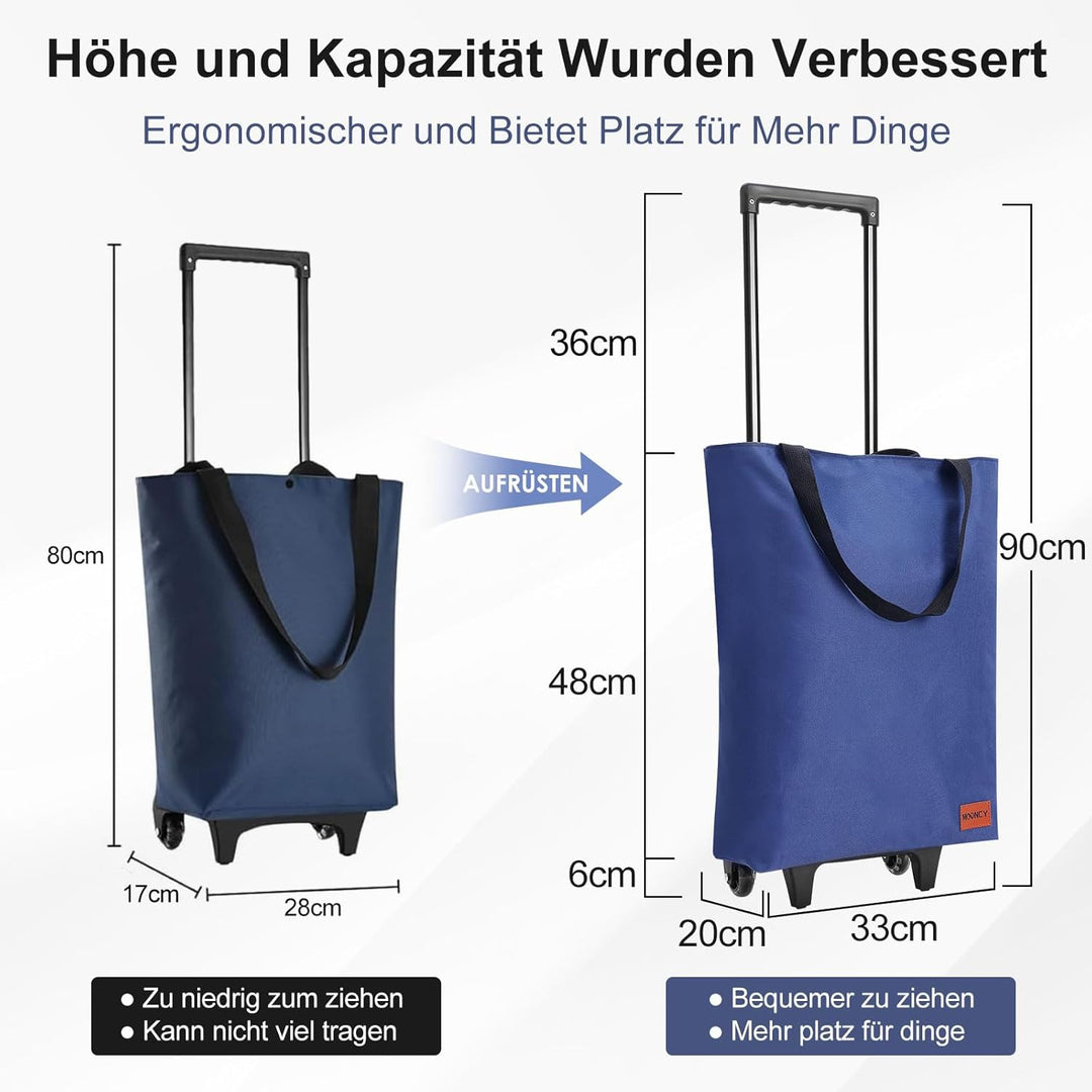MOONCY 2-in-1 Einkaufstrolley, 30L Grosse Einkaufstasche auf Rollen, Leichter Einkaufswagen Klappbar