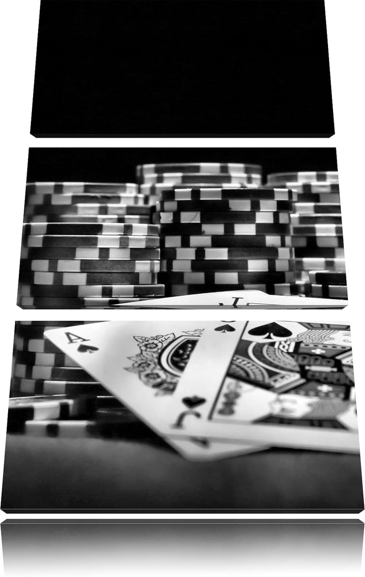 Pixxprint Monocrome, Pokertisch mit Karten in Las Vegas 3-Teiler Leinwandbild 120x80 Bild auf Leinwa