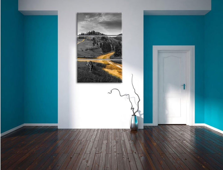 Pixxprint Verträumte Berglandschaft schwarz/weiss als Leinwandbild/Grösse: 3 Teilig (120x80) cm/Wand