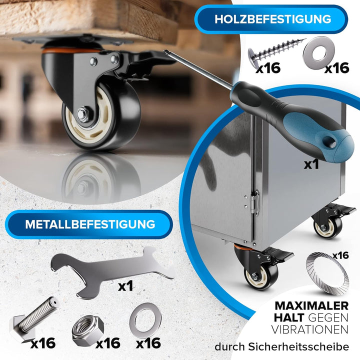PEARWAY™ Premium Lenkrollen 75mm mit Bremse [4x gesamt 500kg] inkl. Montagezubehör I Robuste Transpo
