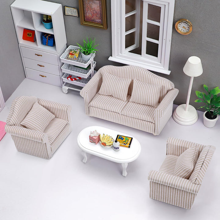 Toddmomy 1:12 Miniatur Sofa Set für Puppenhaus Möbel, Elegante Couch mit Kissen, Holz Mini Möbel Pup