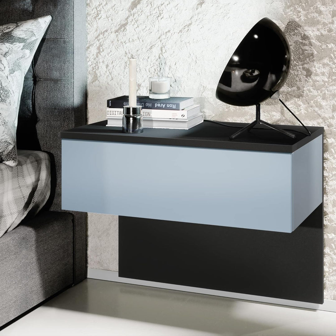 Vladon Nachttisch Sleep, Nachttischschrank mit Schublade zur Wandmontage, Schwarz matt/Denim matt (6