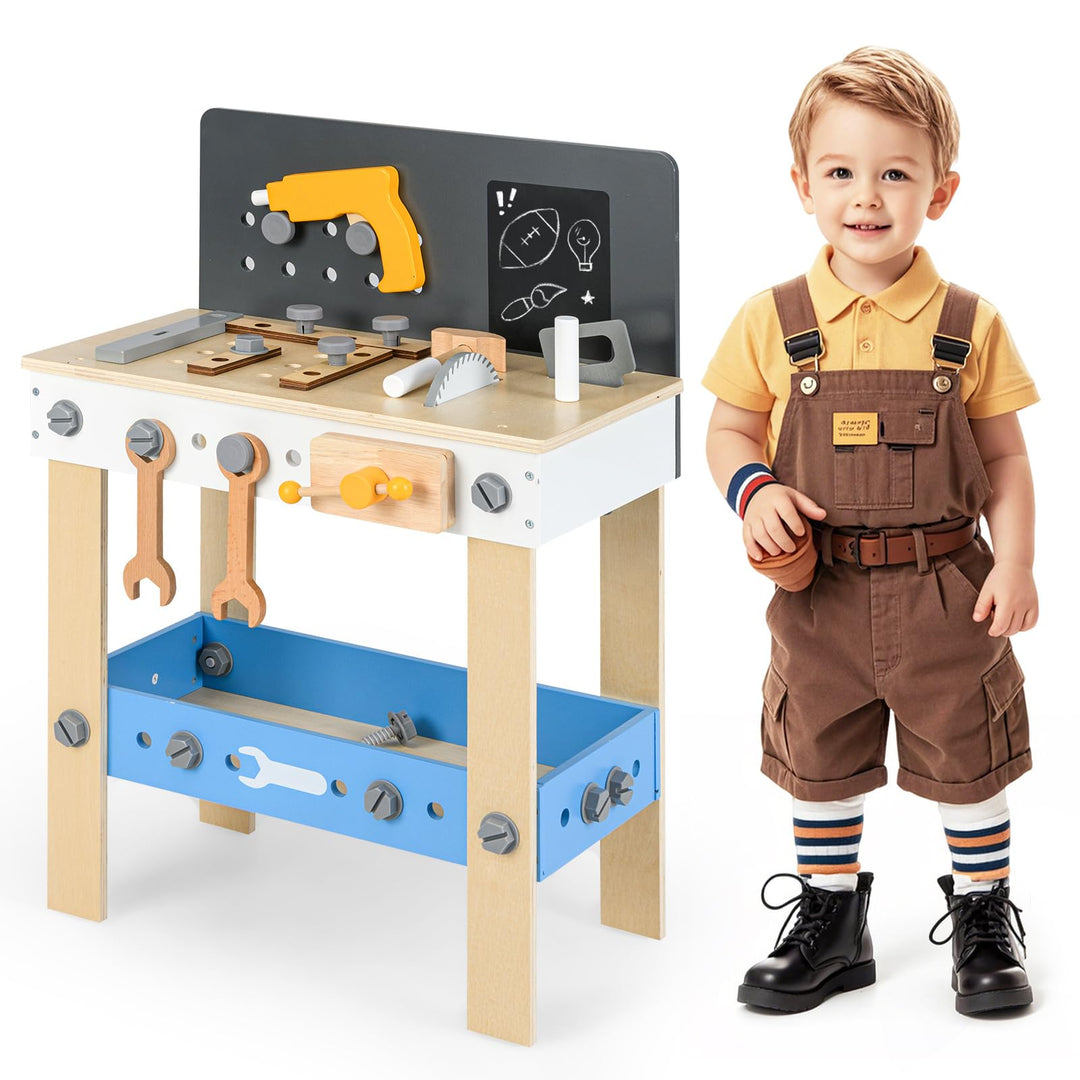 HOMASIS Werkzeugbank Kinder, Werkbank Spielwerkbank Holz, Werkstatt mit 50 TLG. Zubehör &amp; Tafel &amp; Ar
