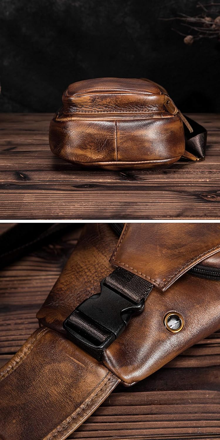 Le'aokuu Herren Echtes Leder Brusttasche Umhängetasche Sport Outdoor Messenger Bag Wanderrucksäcke 8
