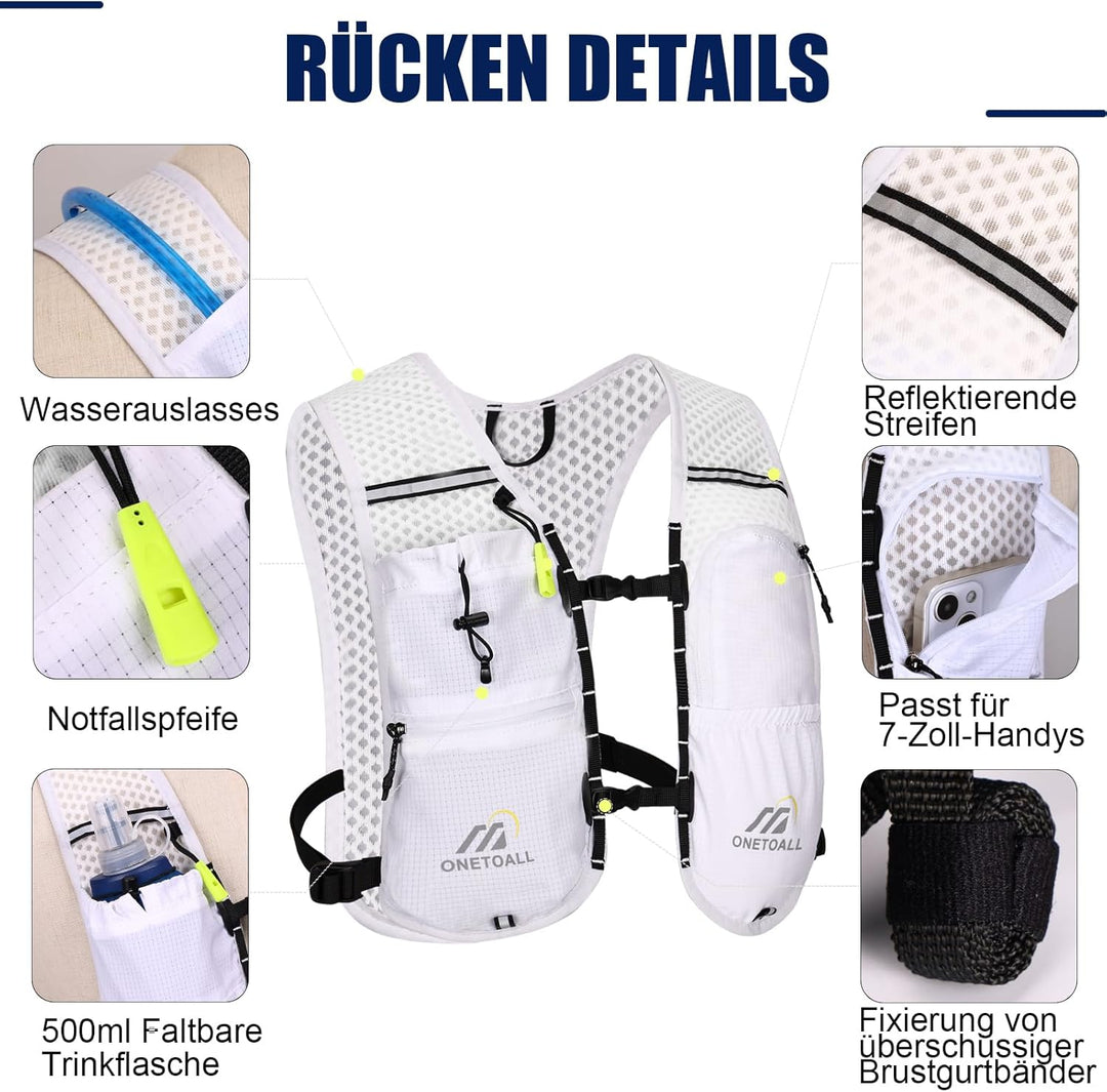 Laufweste Damen mit 500ml Trinkflasche/2L Trinkblase, Leichter Trinkrucksack Laufen Herren 6L, Runin