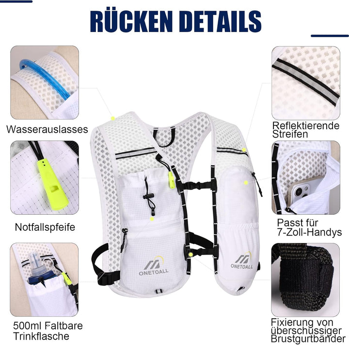 Laufweste Damen mit 500ml Trinkflasche/2L Trinkblase, Leichter Trinkrucksack Laufen Herren 6L, Runin
