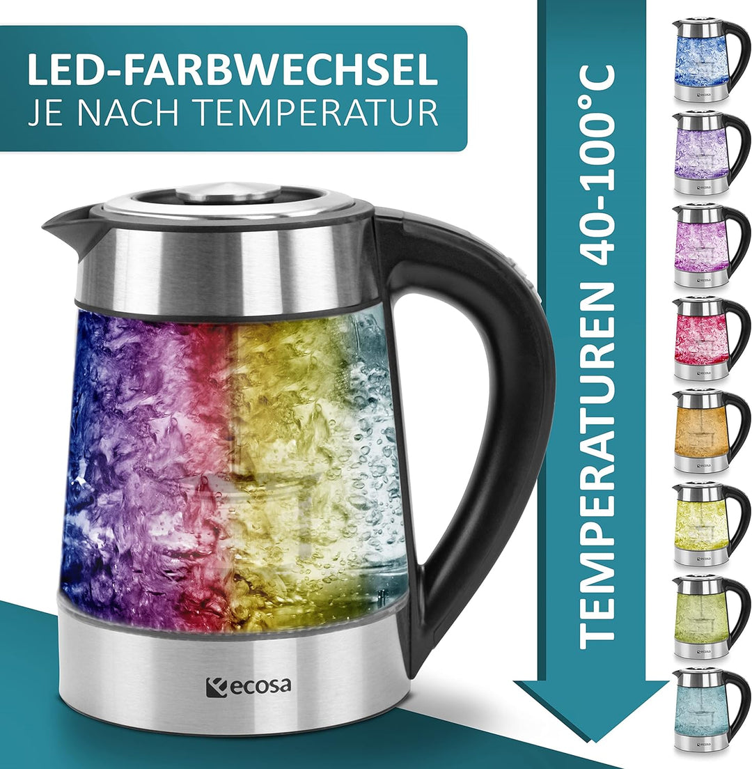 Glas Wasserkocher mit Teesieb und Kalkfilter | 1,7 Liter | Temperatureinstellung 40°C-100°C | 2200 W