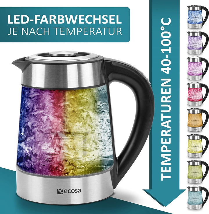 Glas Wasserkocher mit Teesieb und Kalkfilter | 1,7 Liter | Temperatureinstellung 40°C-100°C | 2200 W
