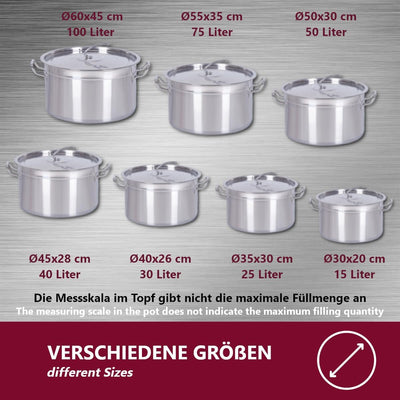 Euro Tische Gastronomie Kochtopf Suppentopf - 30 bis 100 Liter Edelstahl Kochtöpfe - ideal geeignet