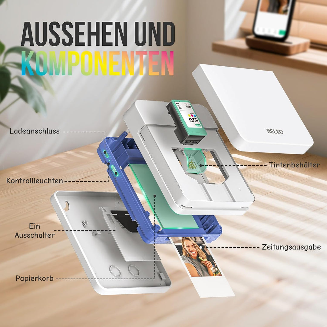 Nelko Fotodrucker PP01 Farbe Tragbarer Mini Fotodrucker für Smartphone mit 20 Fotopapier, Tintenstra