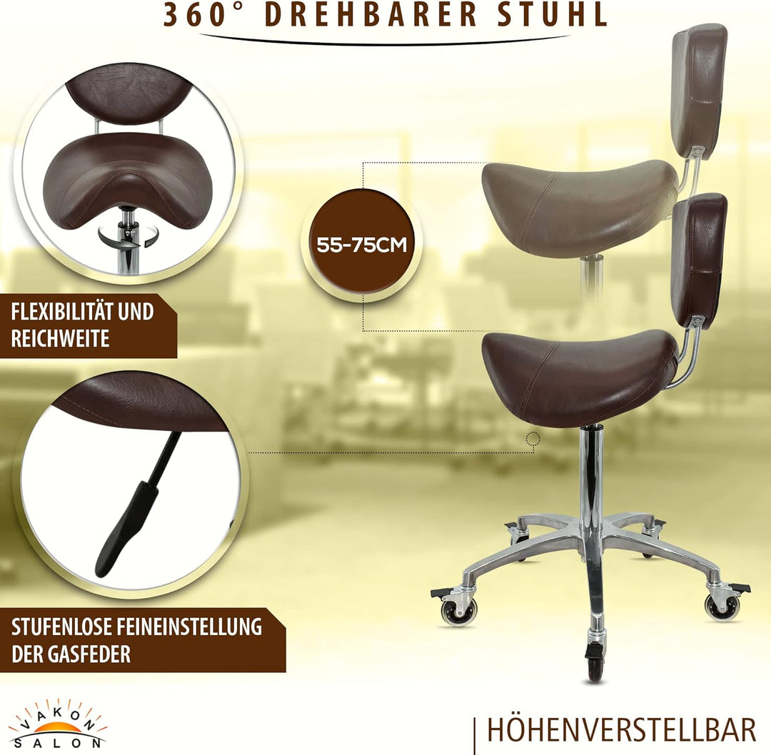 Premium Sattelhocker braun mit Bremse und Lehne, Sattelstuhl für Rückenentlastung, Rollhocker höhenv