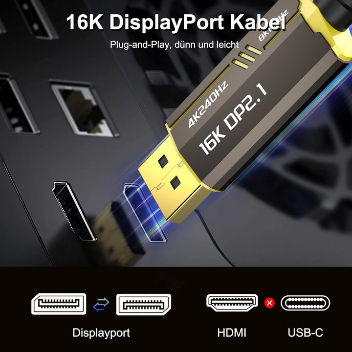 Glasfaser DisplayPort 2.1 Kabel 10M, 16K DisplayPort 2.0 Kabel unterstützt 54 Gbit/s [16K@30 Hz, 8K@